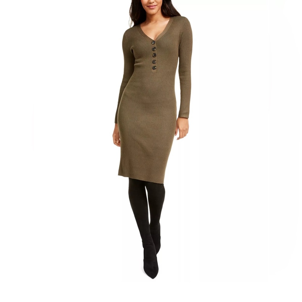 ALMOST FAMOUS Crave Fame Juniors' Ribbed V-Neck Bodycon Sweater Dress